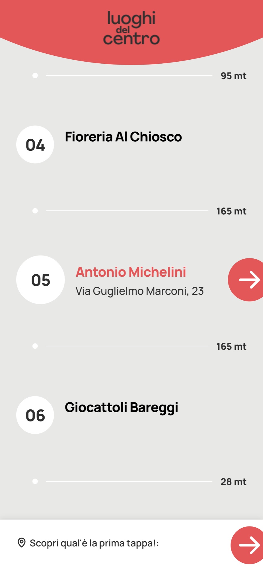 Itinerario Negozi Storici: altre tappe, con la tappa attiva evidenziata in rosso