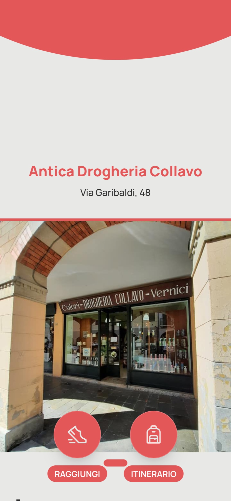 La tappa con indirizzo e fotografia della bottega sotto il portico