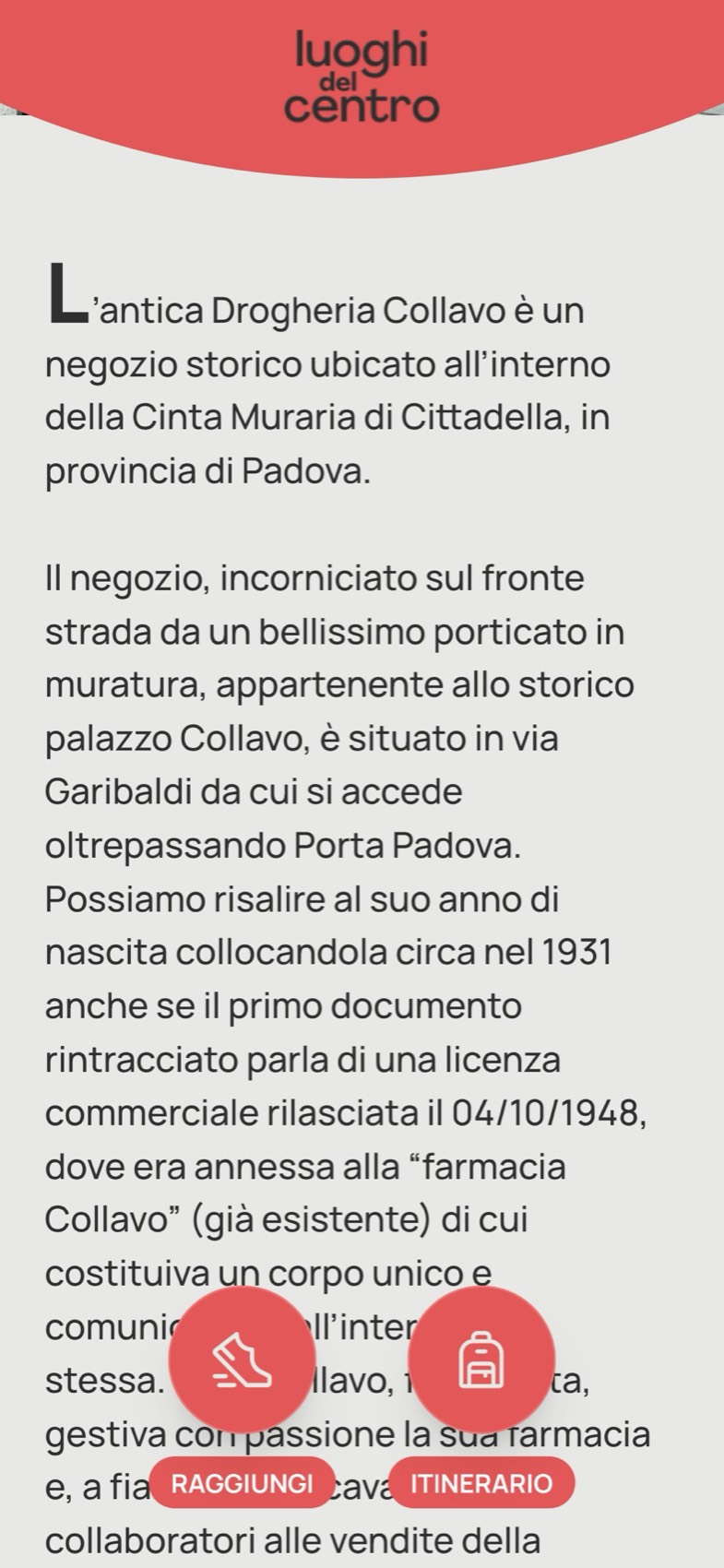 Il testo della tappa, con il capolettera e la storia del negozio