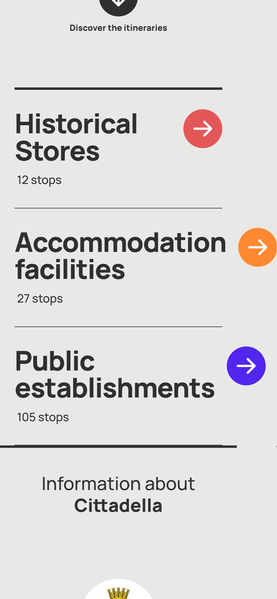 La stessa pagina in inglese: historical stores, accommodation facilities, public establishments
