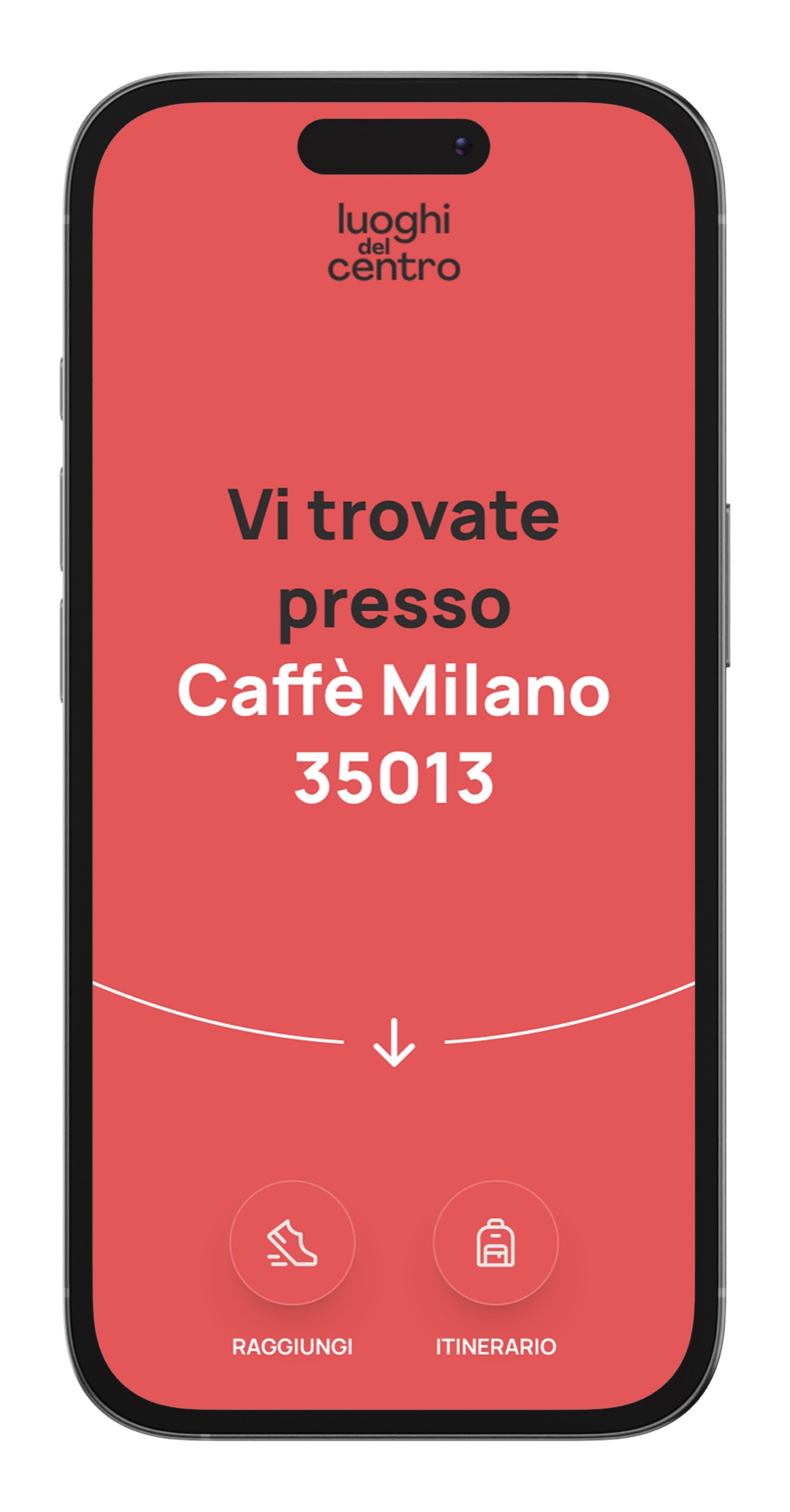 Mockup di uno smartphone con la schermata rossa di arrivo a una tappa