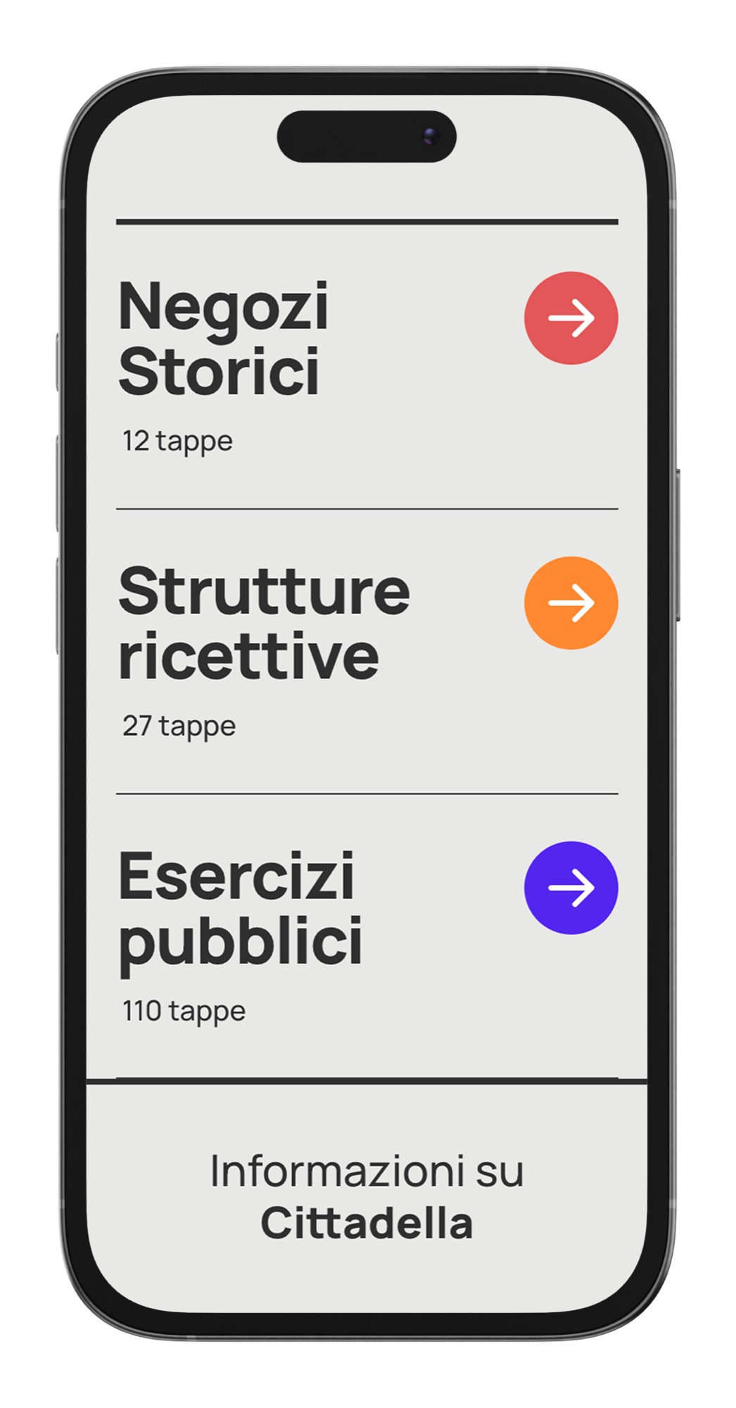 Mockup di uno smartphone con l’elenco degli itinerari di Cittadella