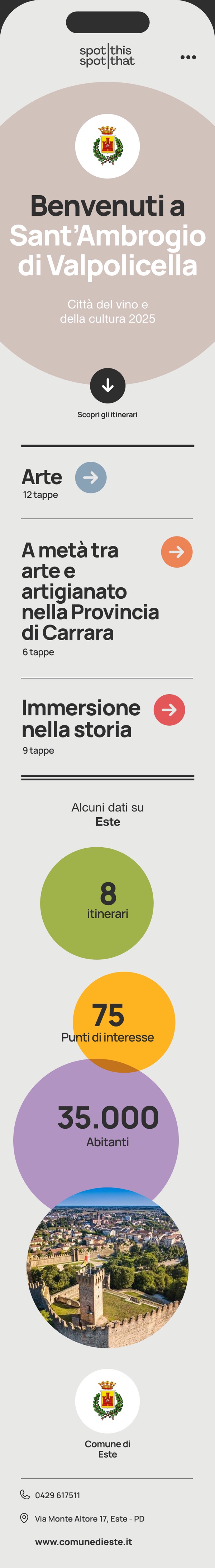 Tavola del prototipo: la schermata di benvenuto con i dati del comune in bolle colorate