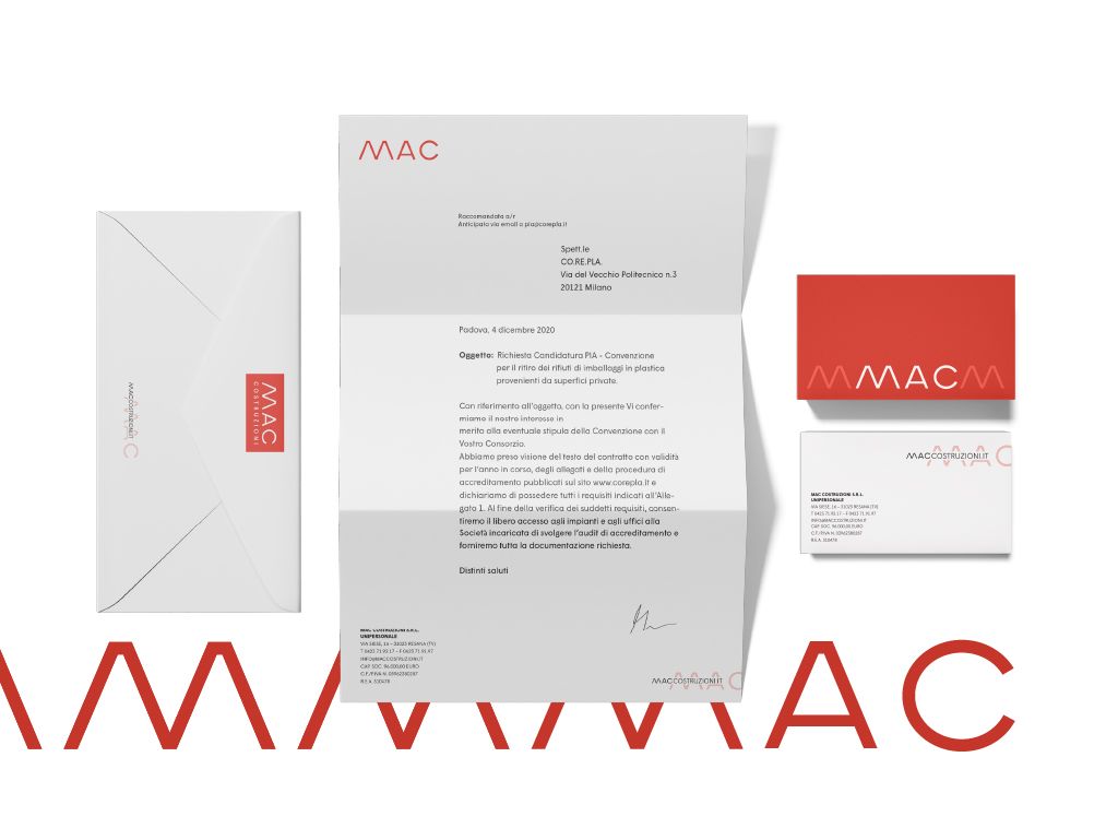 Cancelleria MAC Costruzioni: busta, carta intestata e biglietto da visita, con il pattern a zig-zag