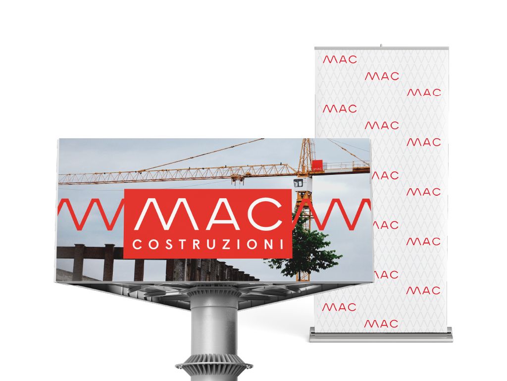 Cartellone e roll-up MAC Costruzioni affiancati