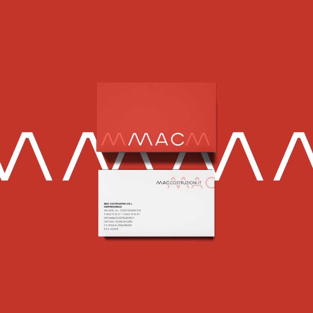 Biglietti da visita MAC sul rosso, con lo zig-zag che attraversa la composizione