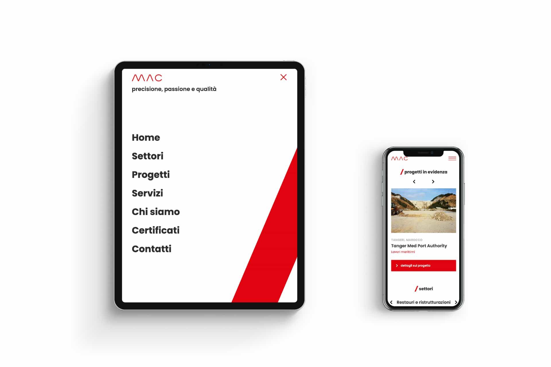 La landing page di MAC Costruzioni su tablet e smartphone, con il menu e i progetti