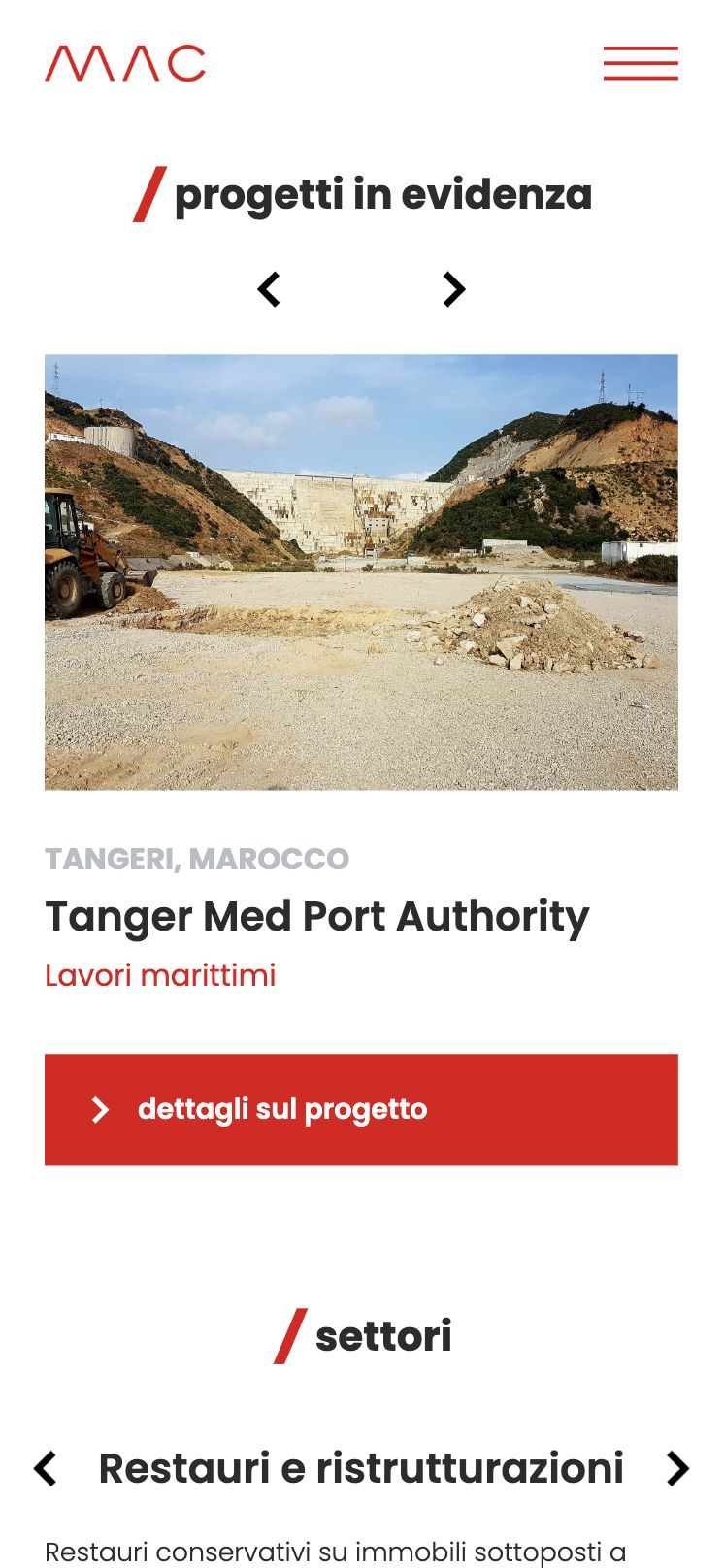 Schermata da smartphone della landing page MAC Costruzioni: la sezione dei progetti in evidenza