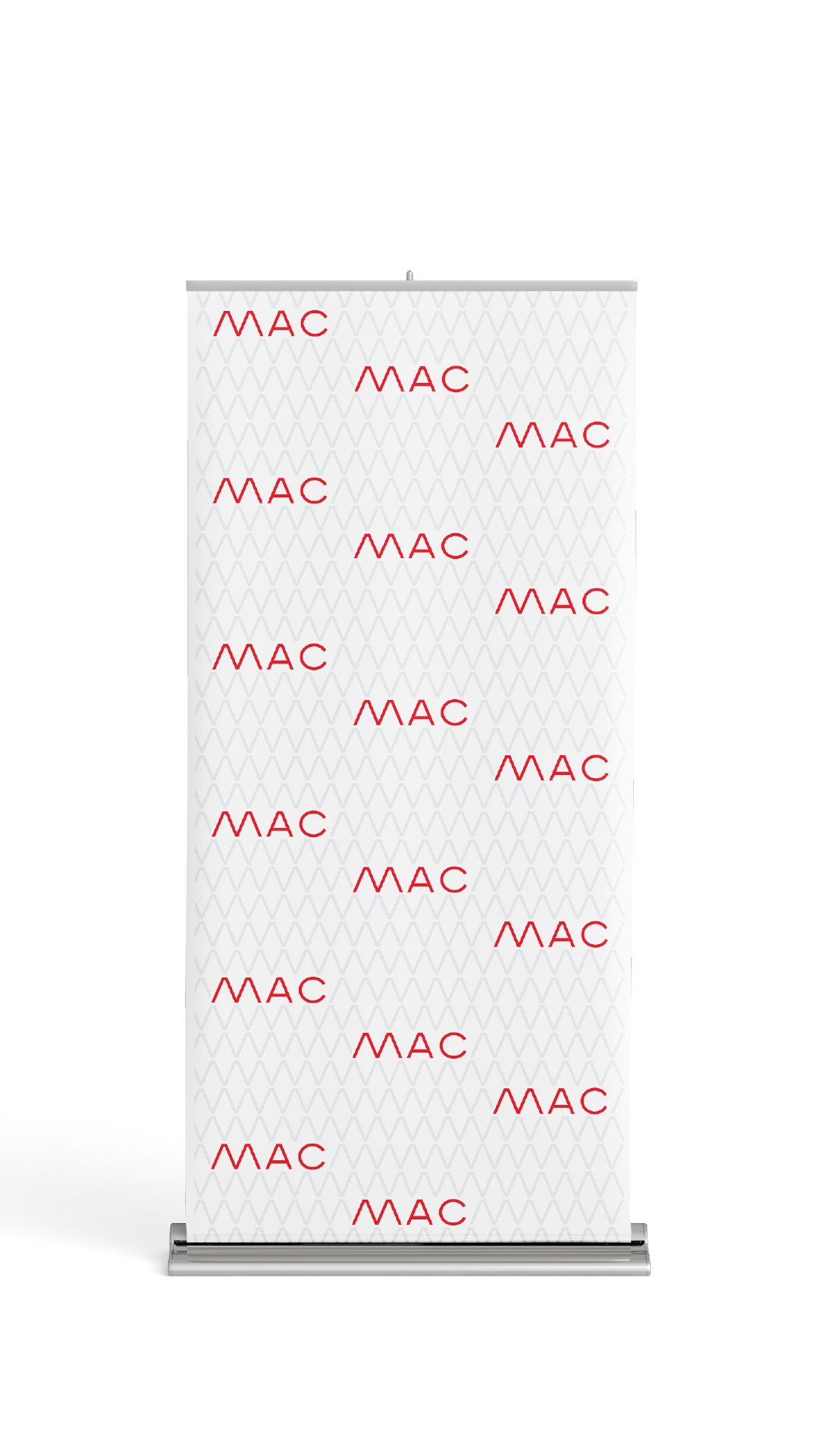 Storia verticale: roll-up con il nome MAC ripetuto in rosso su bianco