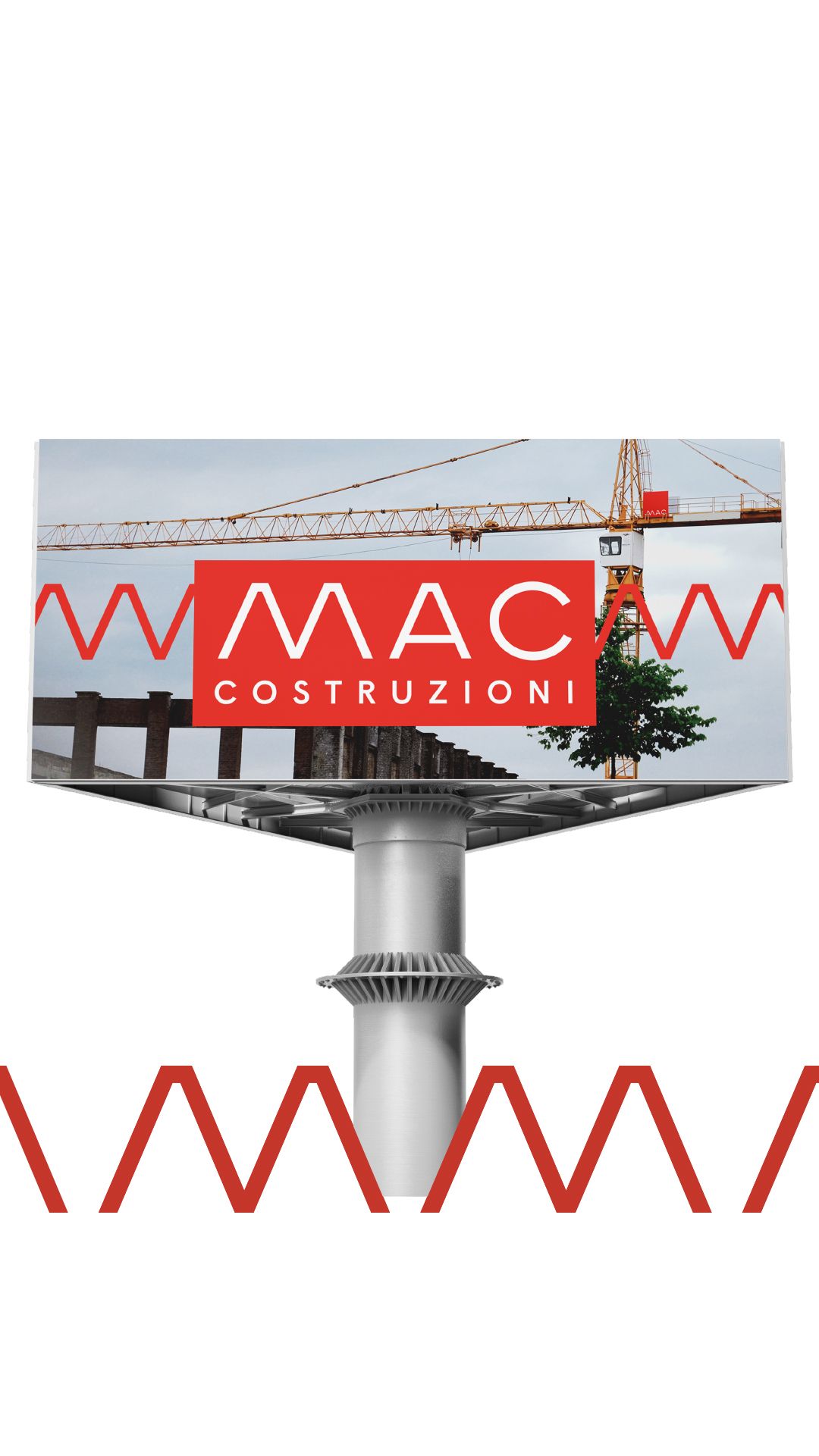 Storia verticale: cartellone MAC Costruzioni davanti a una gru, con lo zig-zag che prosegue sotto