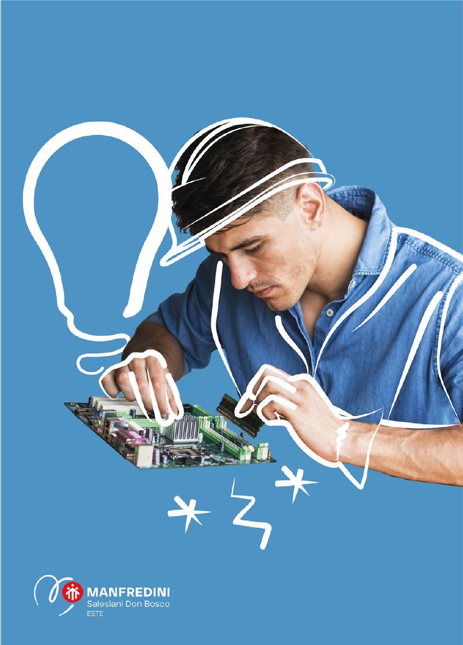 Energy area visual: a boy working on a circuit board on a blue background, with a hand-drawn light bulb