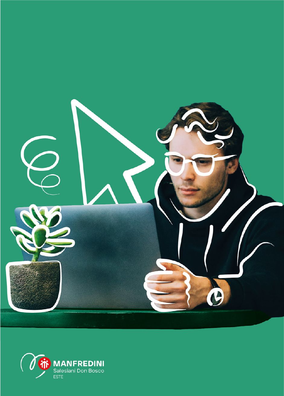 Graphic design area visual: a boy at a laptop on a green background, with a hand-drawn cursor