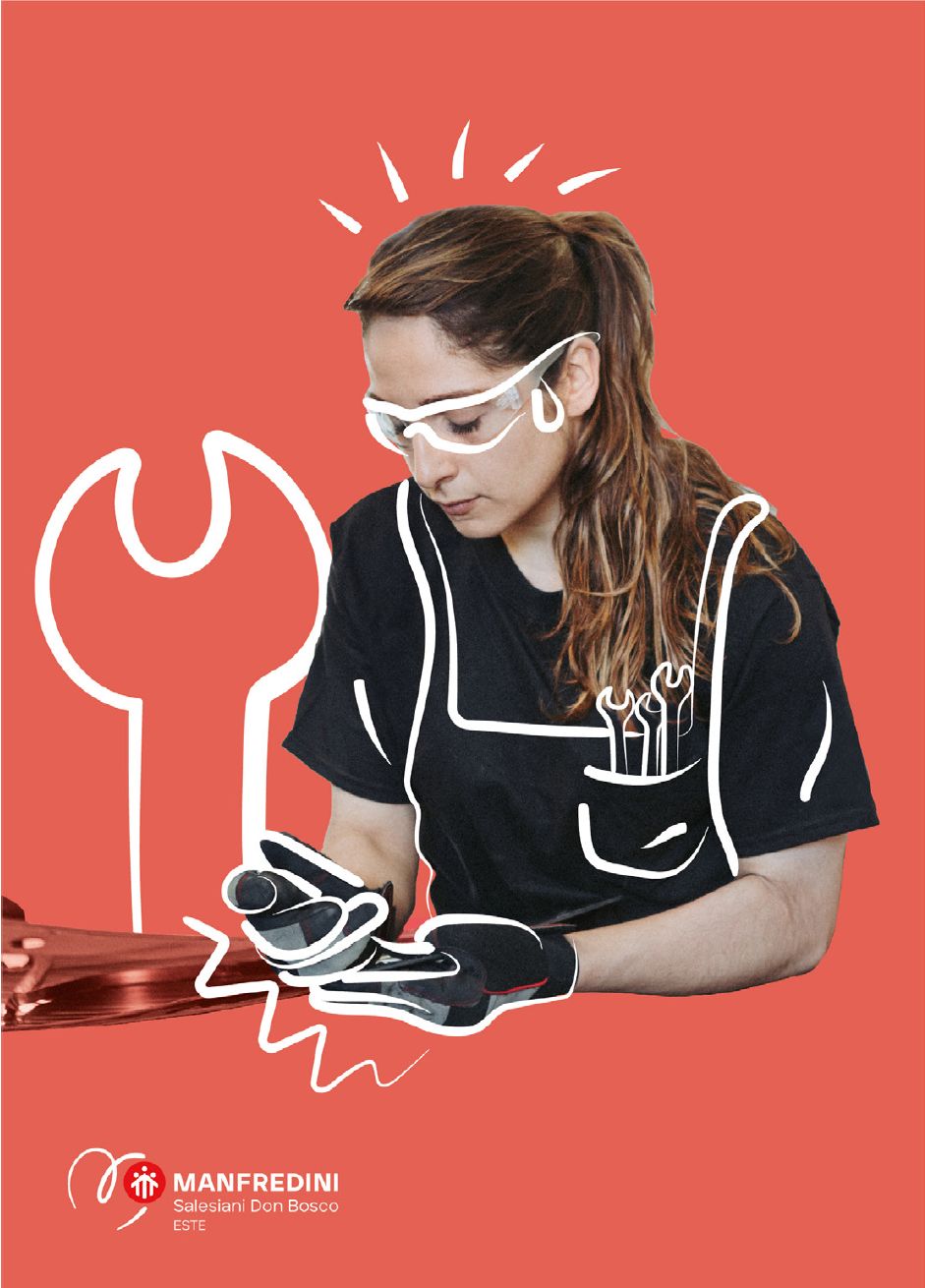 Mechanics area visual: a girl in safety glasses on a red background, with a hand-drawn spanner