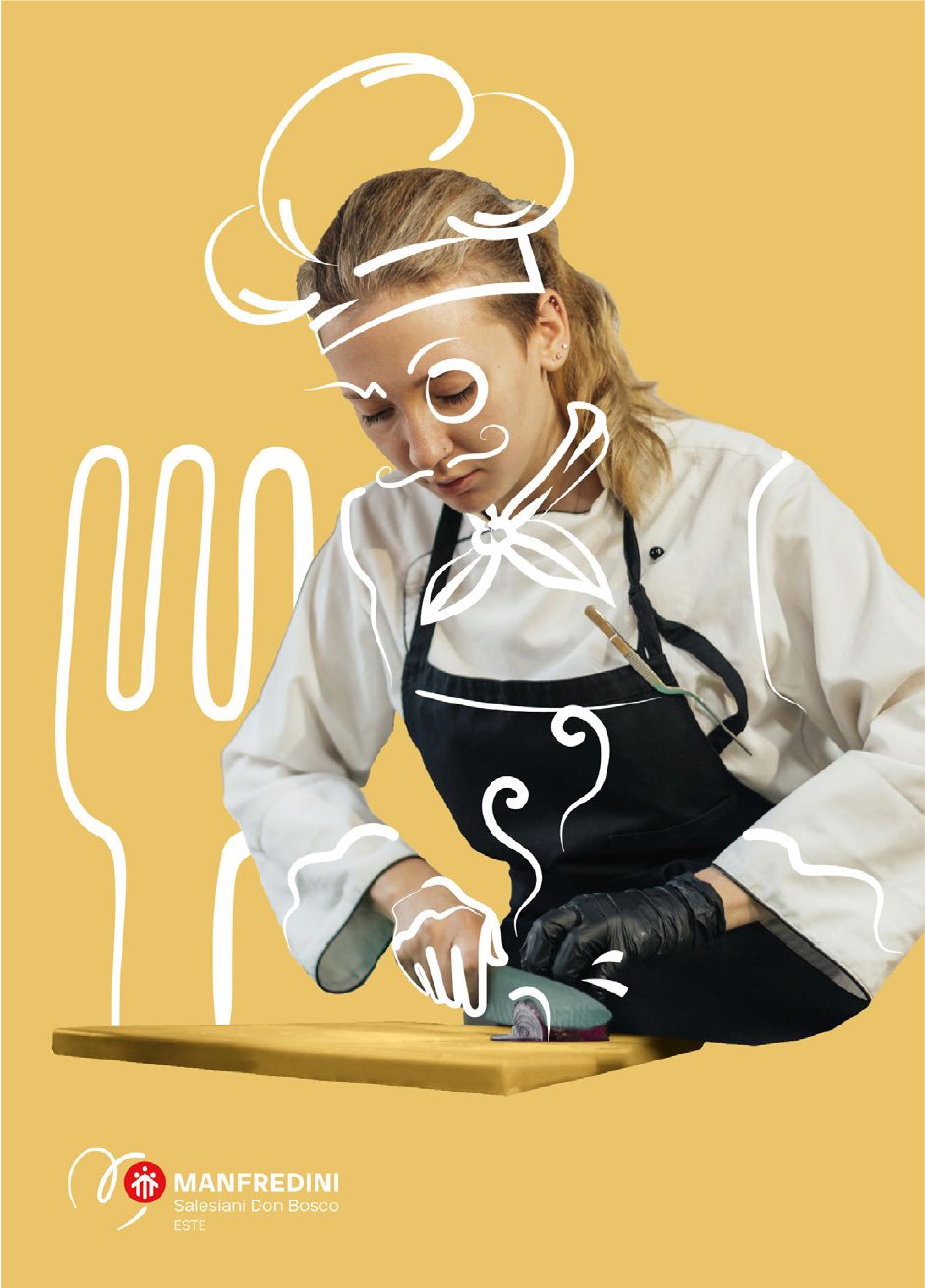 Catering area visual: a girl in chef’s whites on a yellow background, with a hat and fork hand-drawn in white