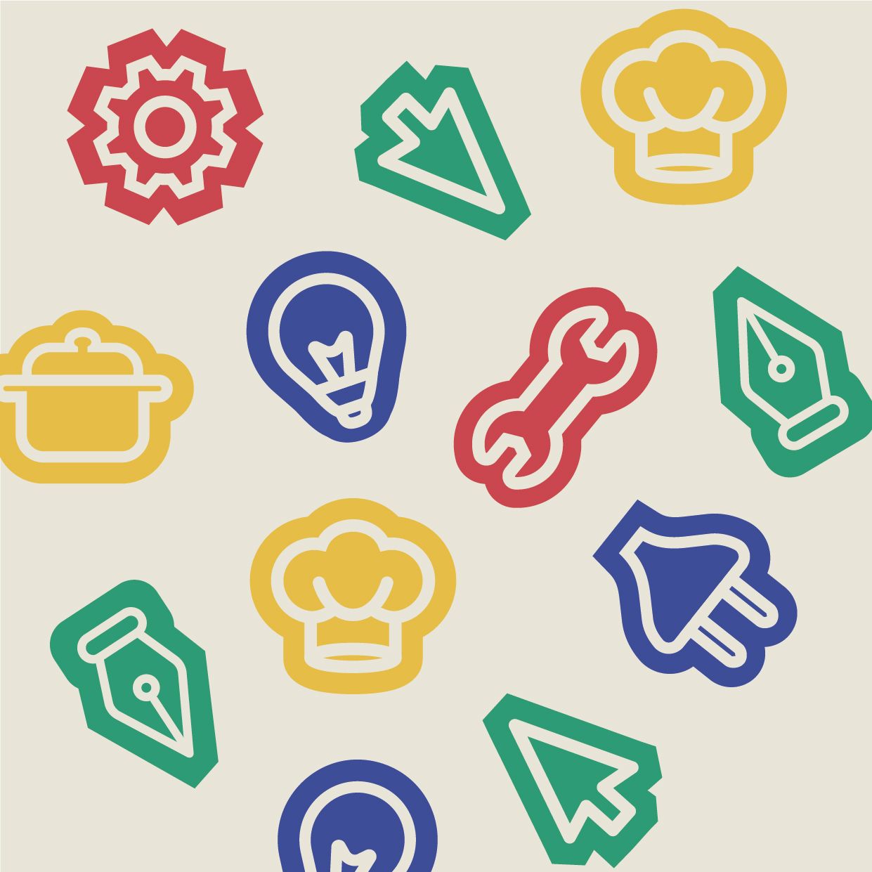 Study from February 2022: hand-drawn icons scattered on an ivory background, including a chef’s hat, light bulb, spanner, cursor and pen nib