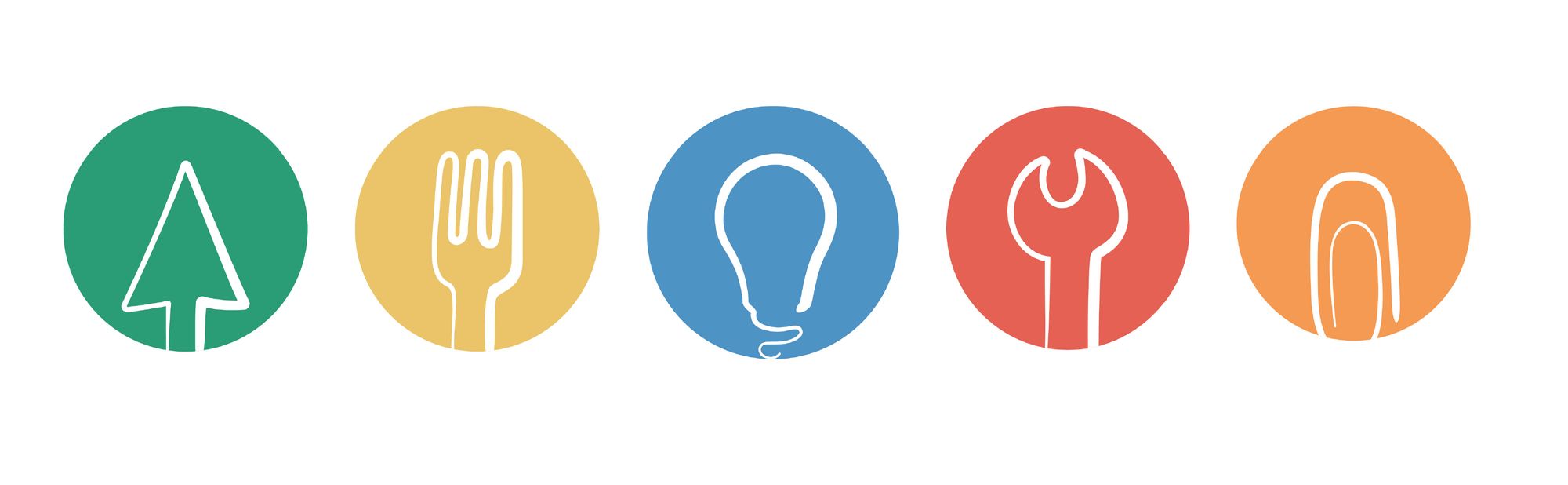 The icons of the Manfredini training areas: green cursor, yellow fork, blue light bulb, red spanner and orange paper clip