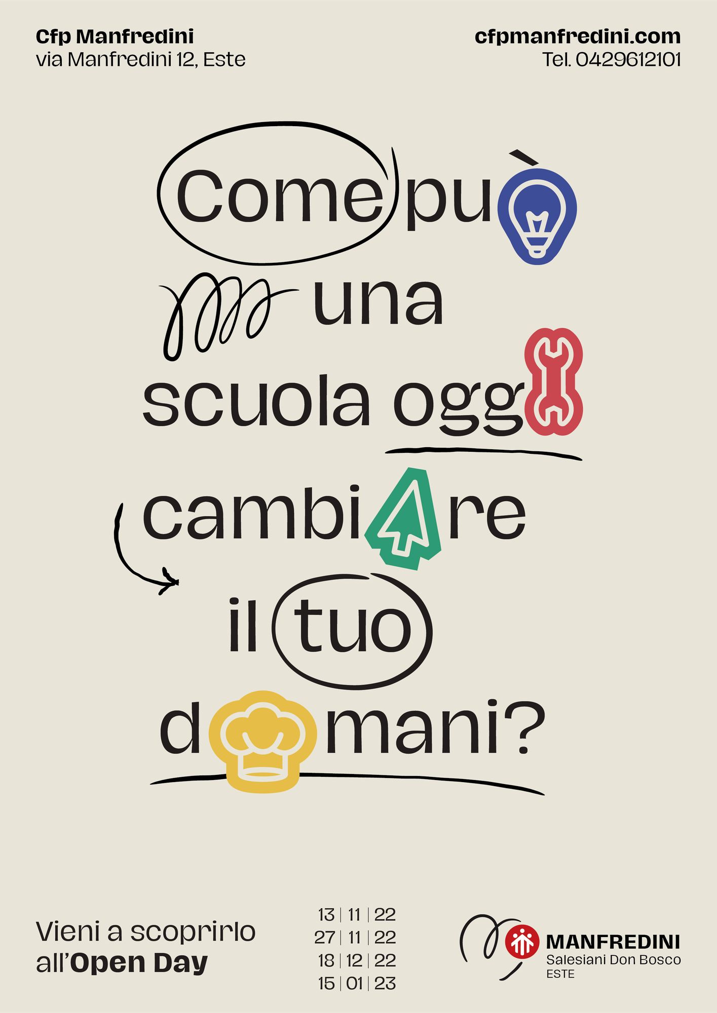 Ivory version of the Manfredini Open Day poster, with coloured icons in place of letters