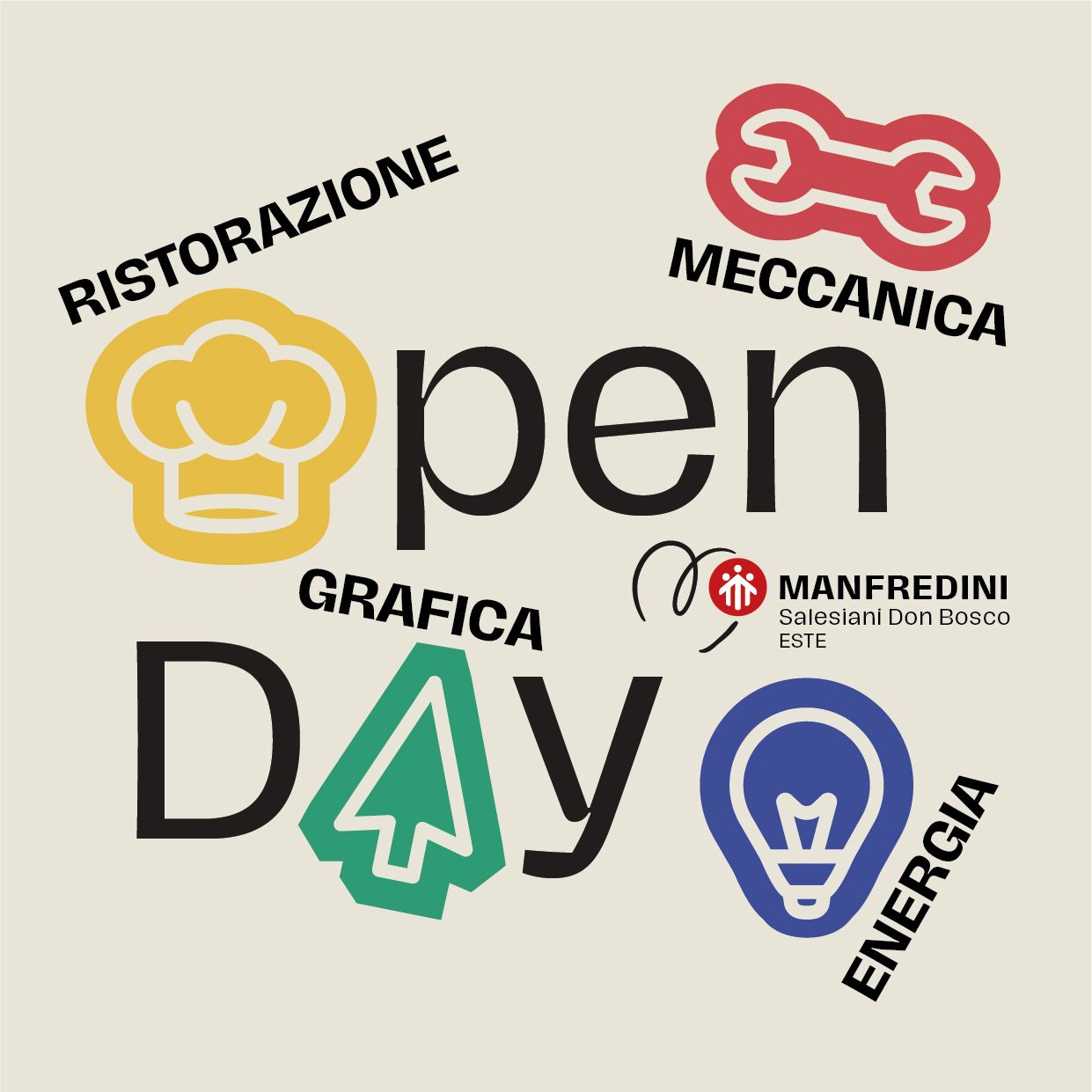 Square Open Day graphic: the O is a chef’s hat, the A a cursor, with the names of the four areas around them