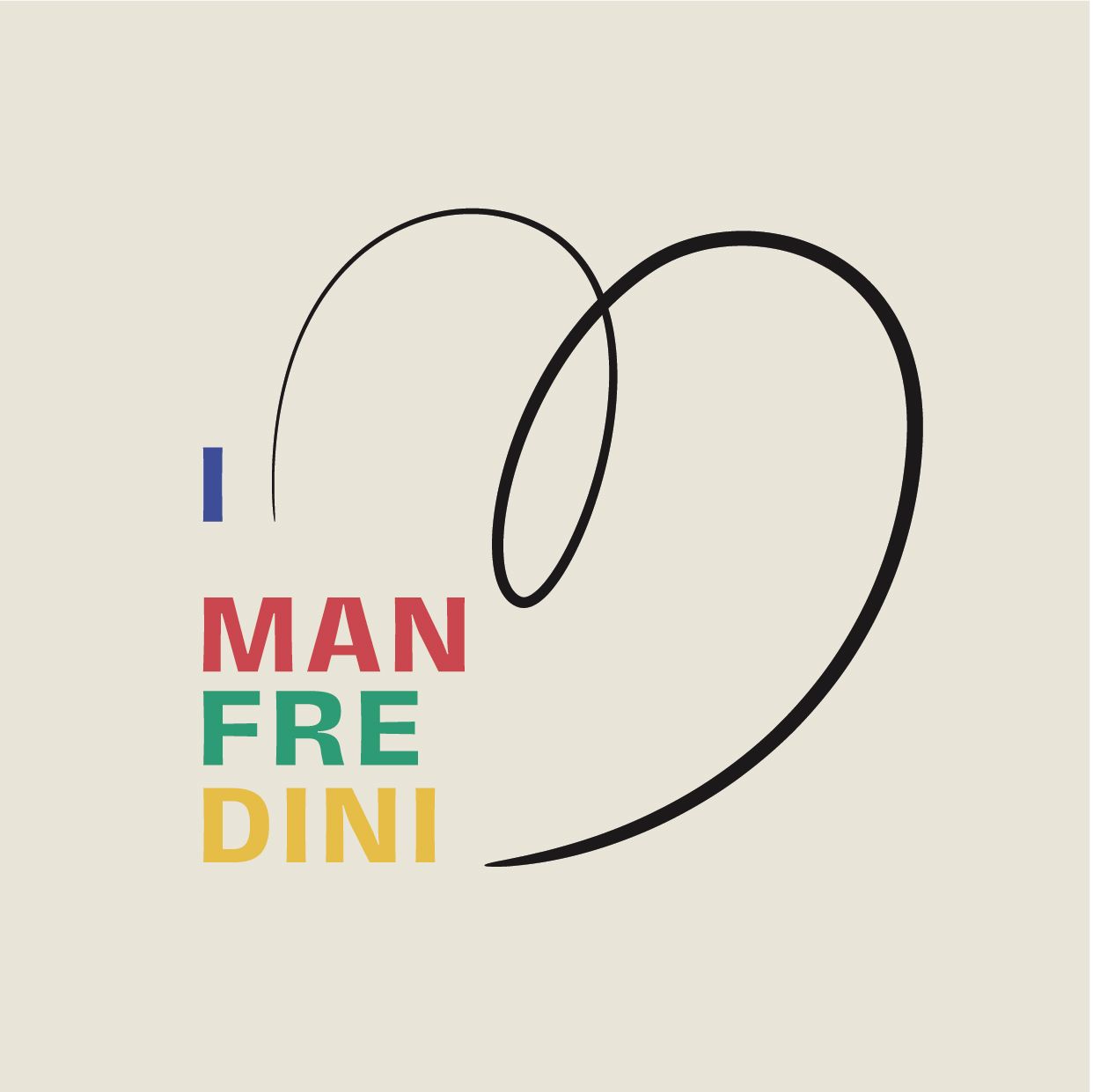 Study from February 2022: the Manfredini name in the colours of the areas, next to a large free hand-drawn stroke