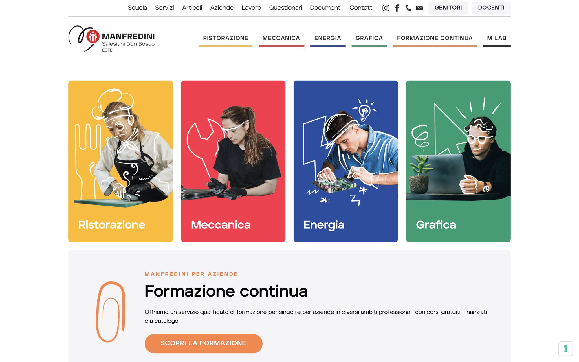 The cfpmanfredini.com home page: the four training areas in their colours and the continuing education box
