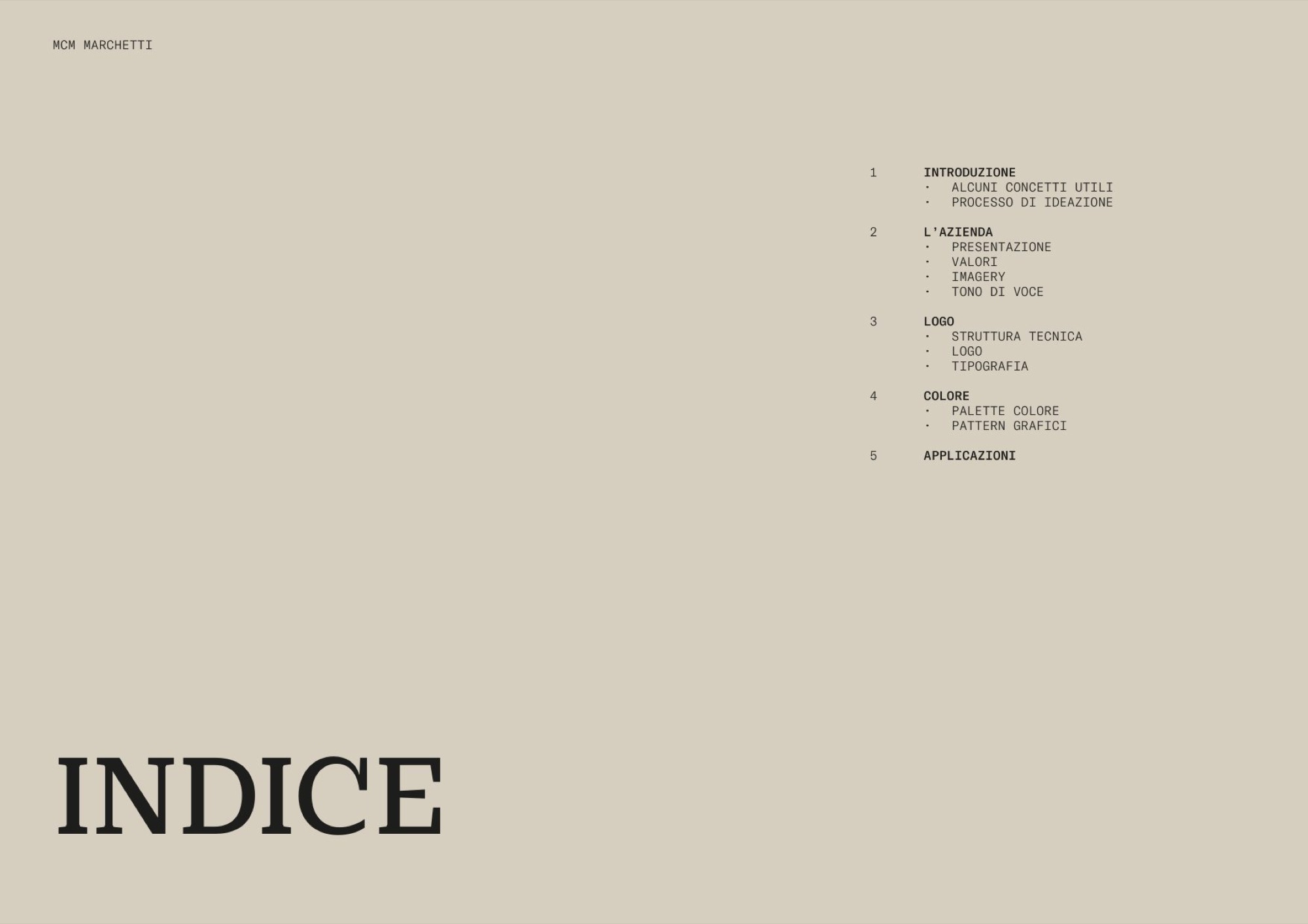 Indice del brand book, su fondo sabbia