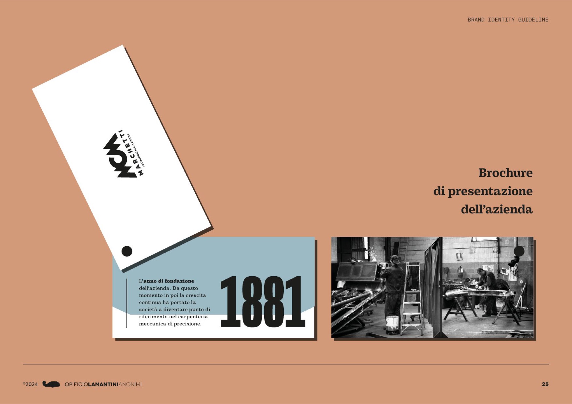 Pagina delle applicazioni su fondo terracotta, con la brochure di presentazione fotografata
