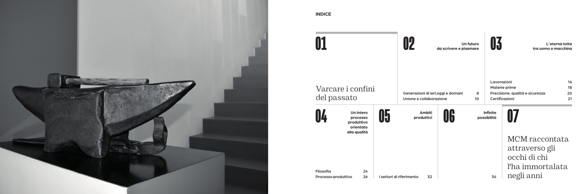Company profile MCM Marchetti: l’indice dei sette capitoli, accanto alla fotografia di un’incudine