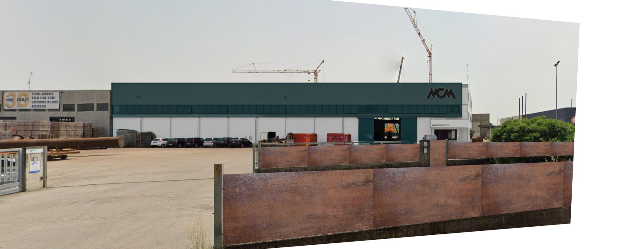Studio cromatico sulla facciata della nuova sede: la fascia in verde scuro e un muro in corten in primo piano