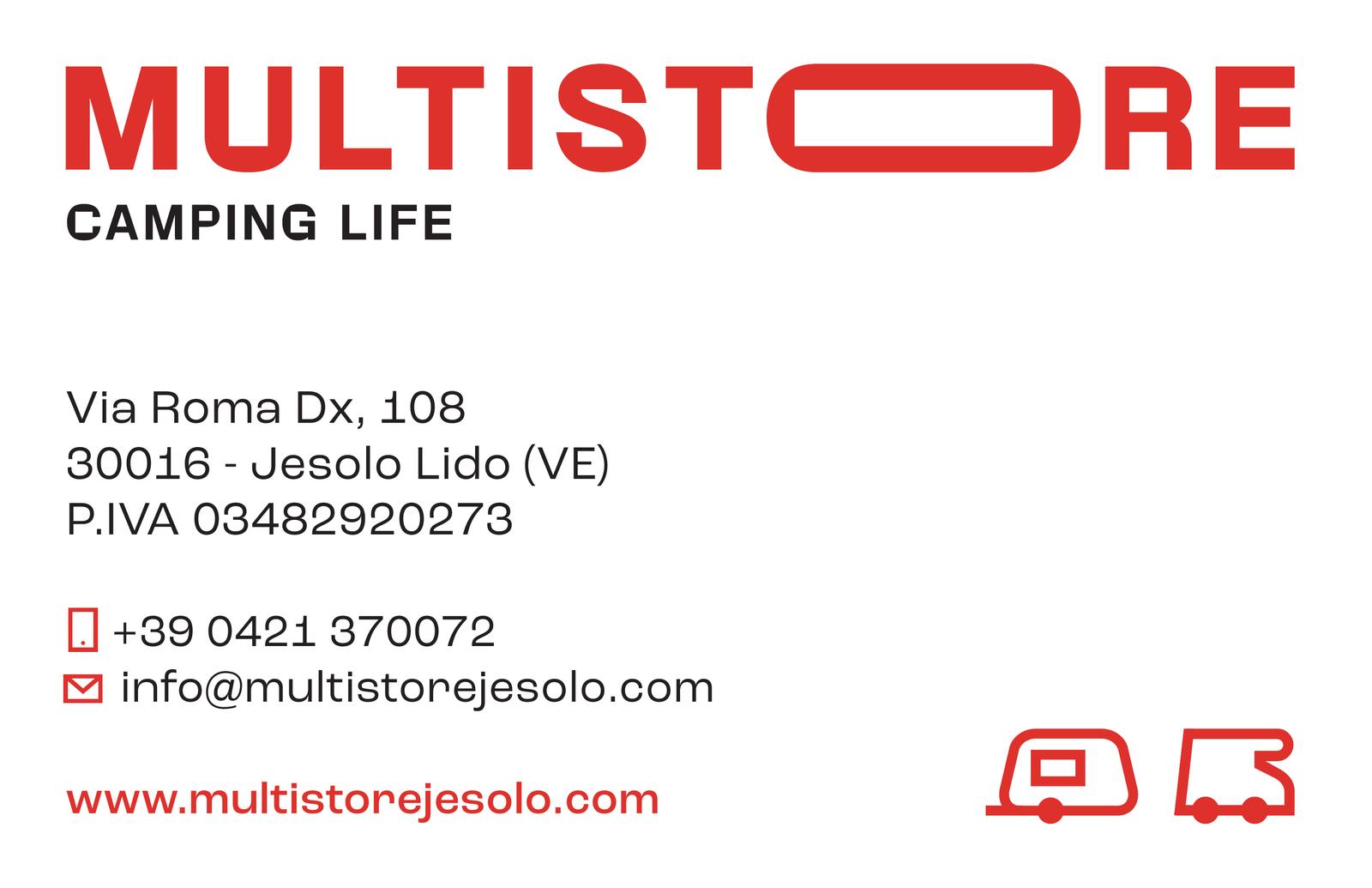 Front of the Multistore business card: wordmark, Jesolo Lido address and caravan and motorhome icons