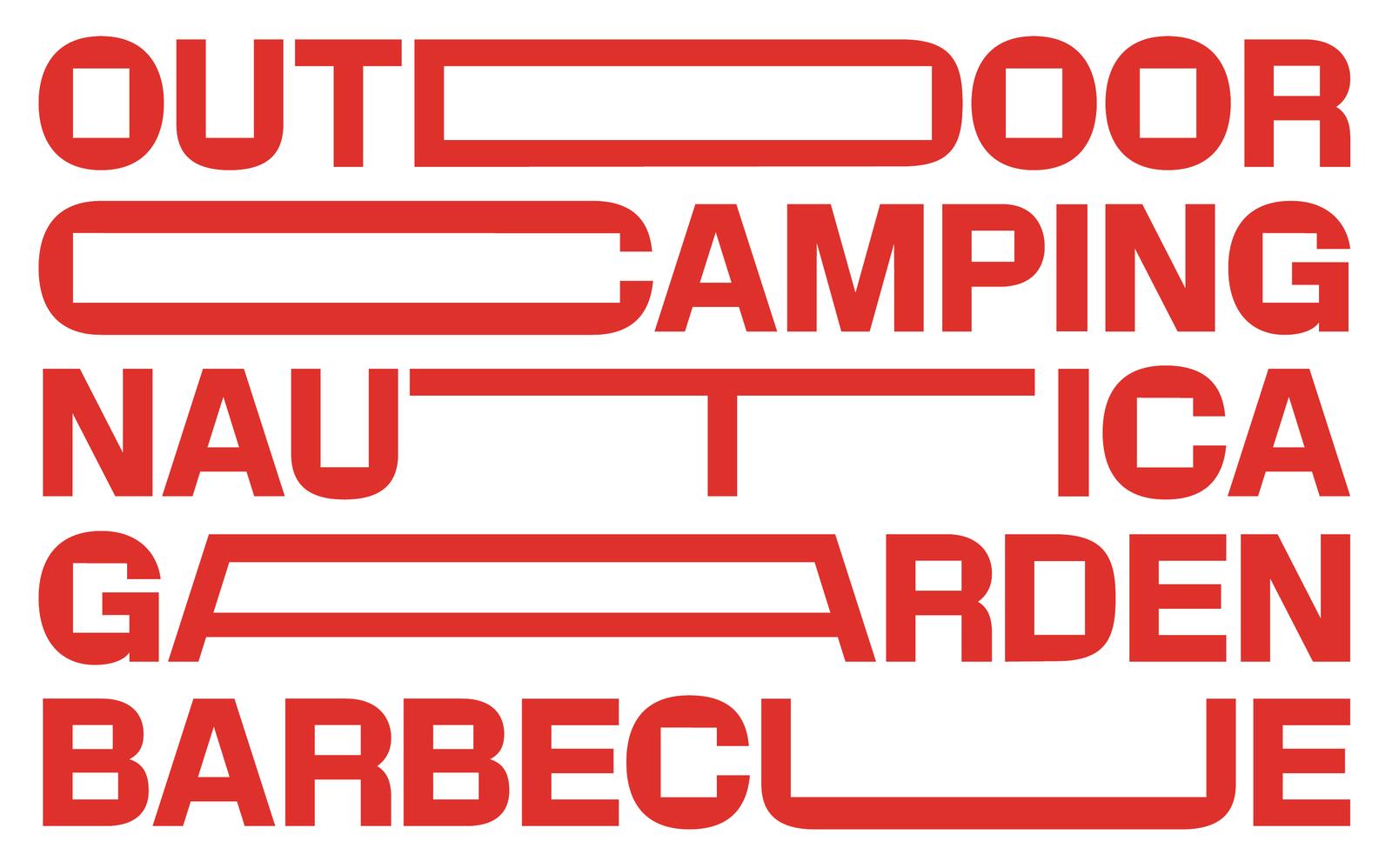 Back of the Multistore business card: the words outdoor, camping, nautica, garden and barbecue with stretched letters, red on white