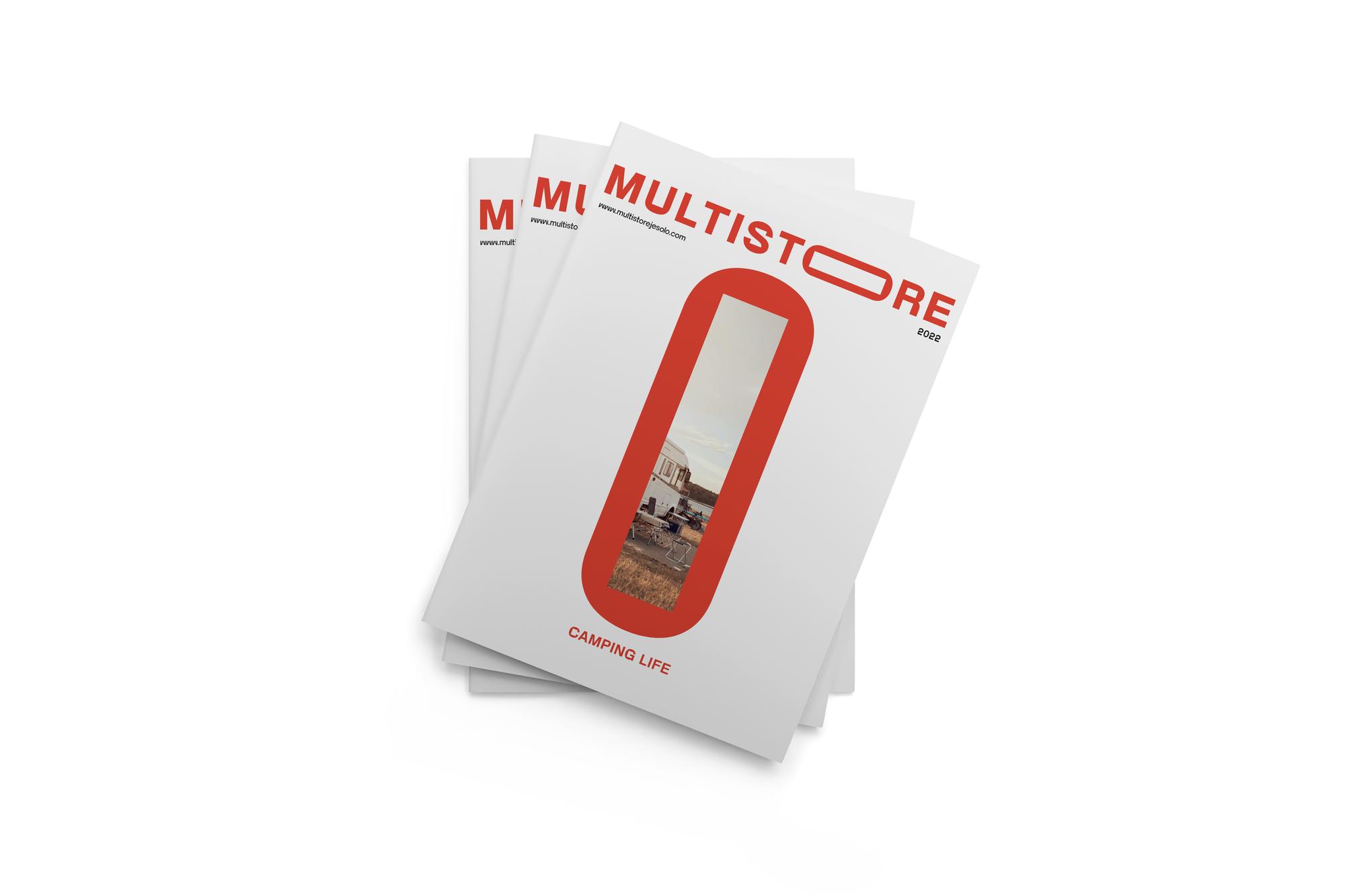 The Multistore catalogue: on the cover the stretched O becomes a vertical window onto a photo of campsite life