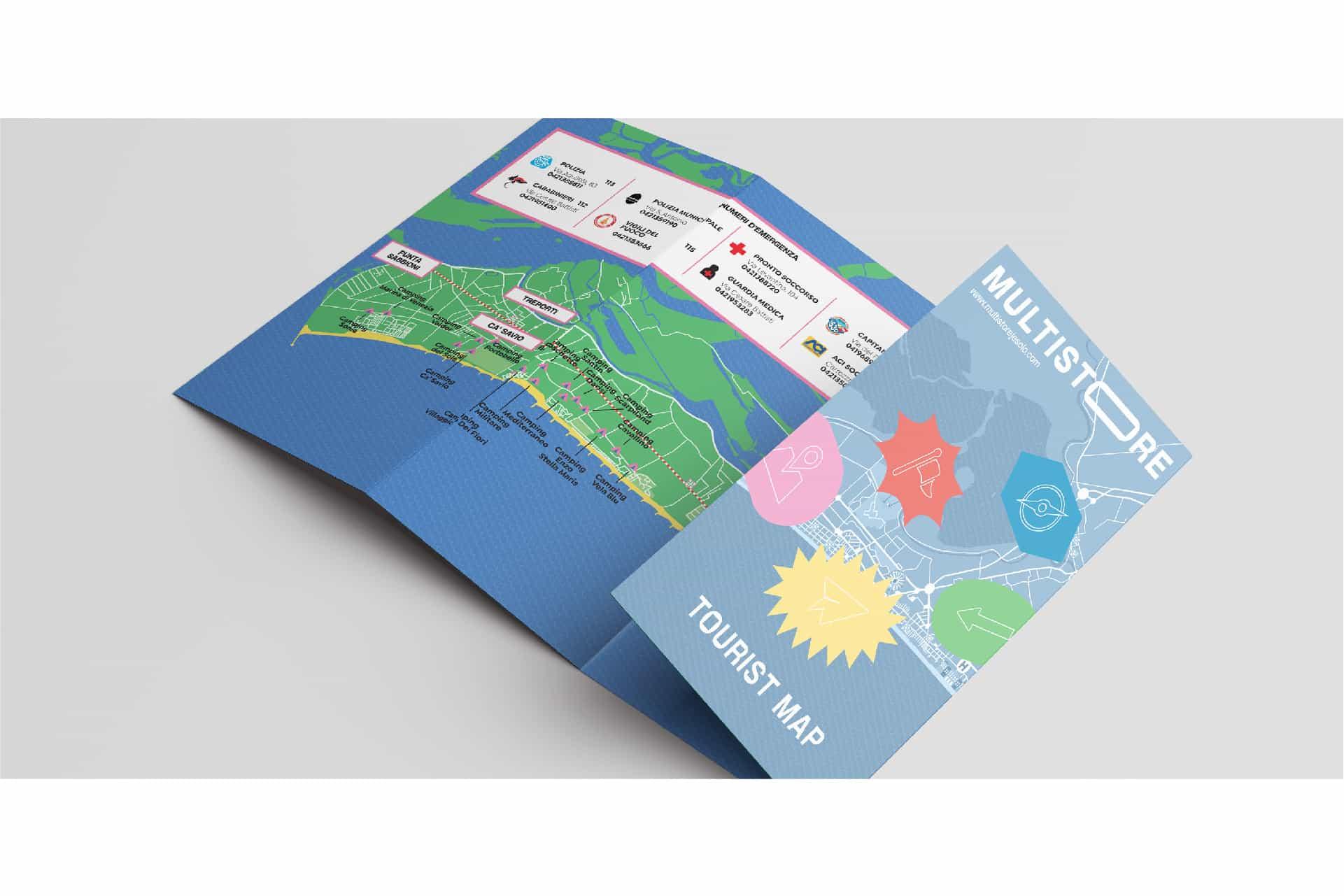 The Multistore tourist map of Jesolo, unfolded, with coloured areas and illustrated icons