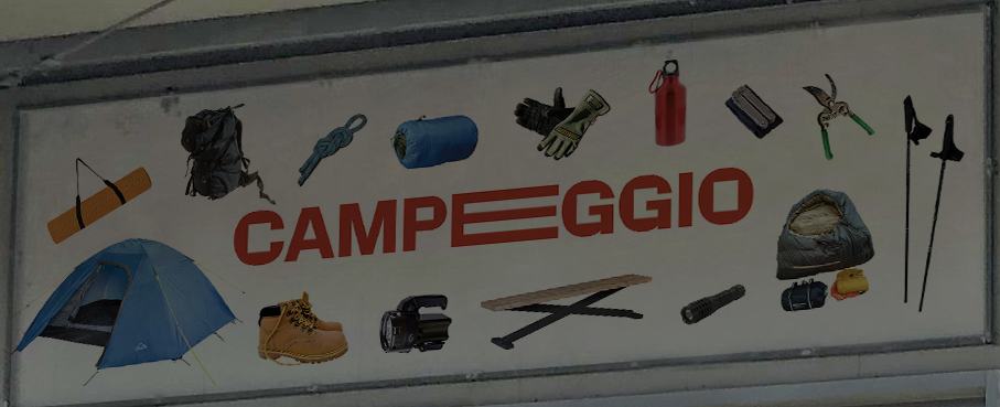 The Campeggio panel above the Multistore windows, with the stretched G and camping gear around it