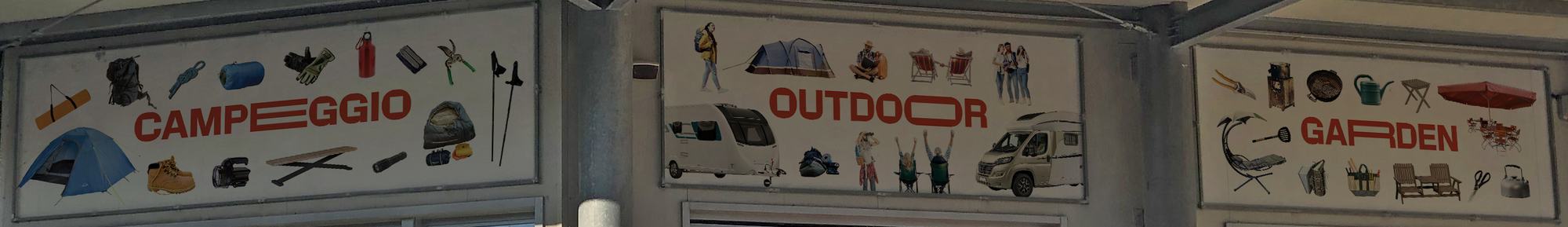 The panels above the Multistore windows: campeggio, outdoor and garden, with the items from each department