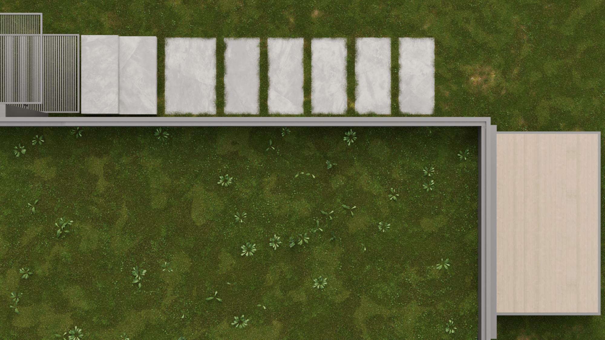 Top-down render of the nHouse module: the roof, the wooden deck and the slab path across the lawn