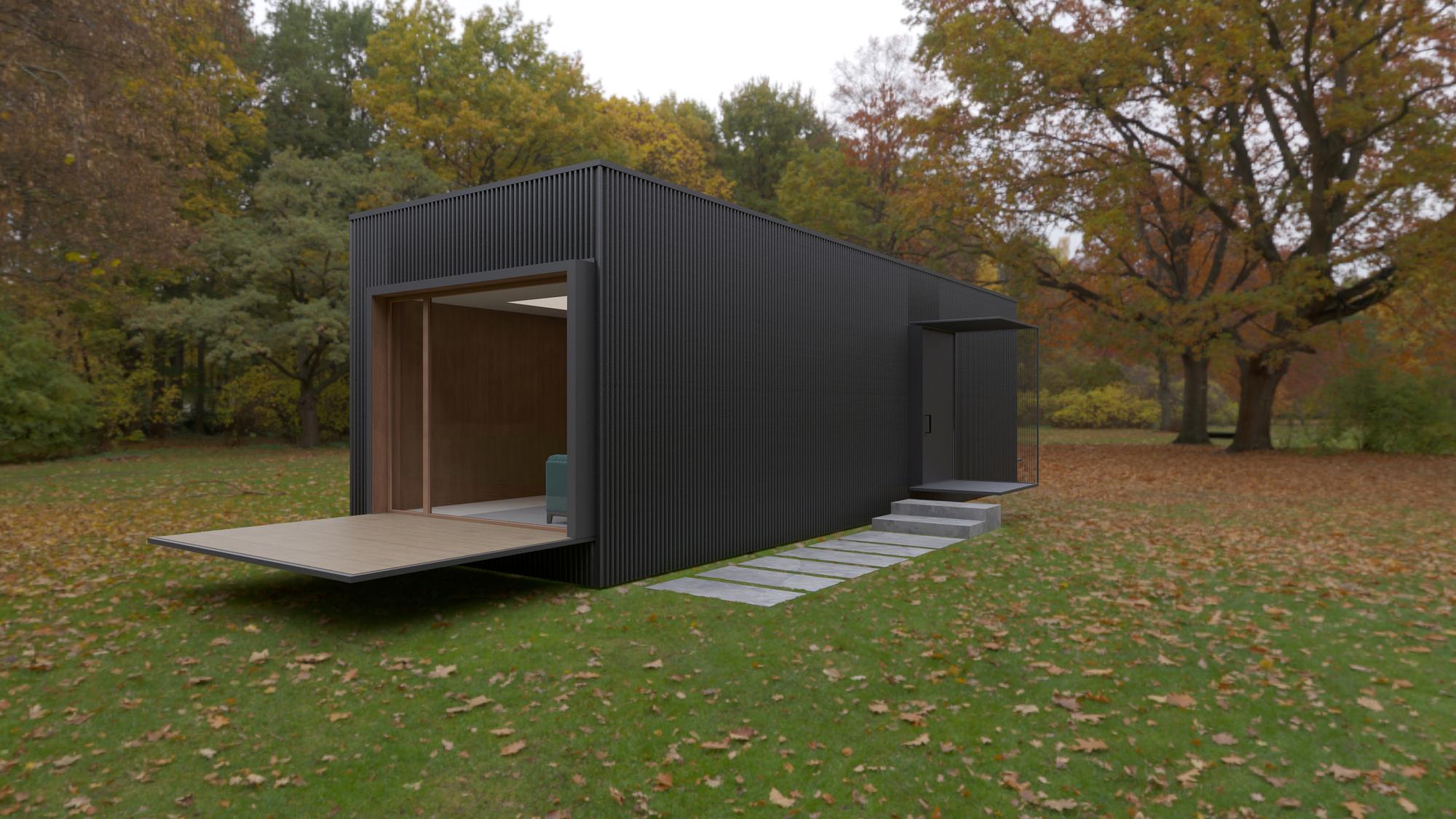 Render of the nHouse module in an autumn park, with the wooden deck lowered and a stone slab path
