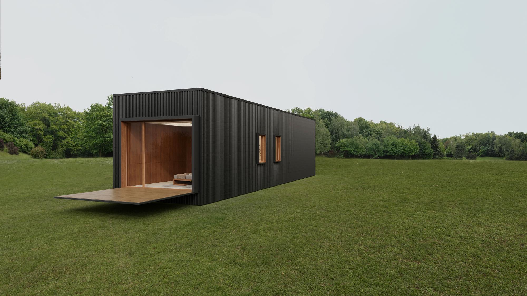 Render of the nHouse module on a lawn, with the deck lowered