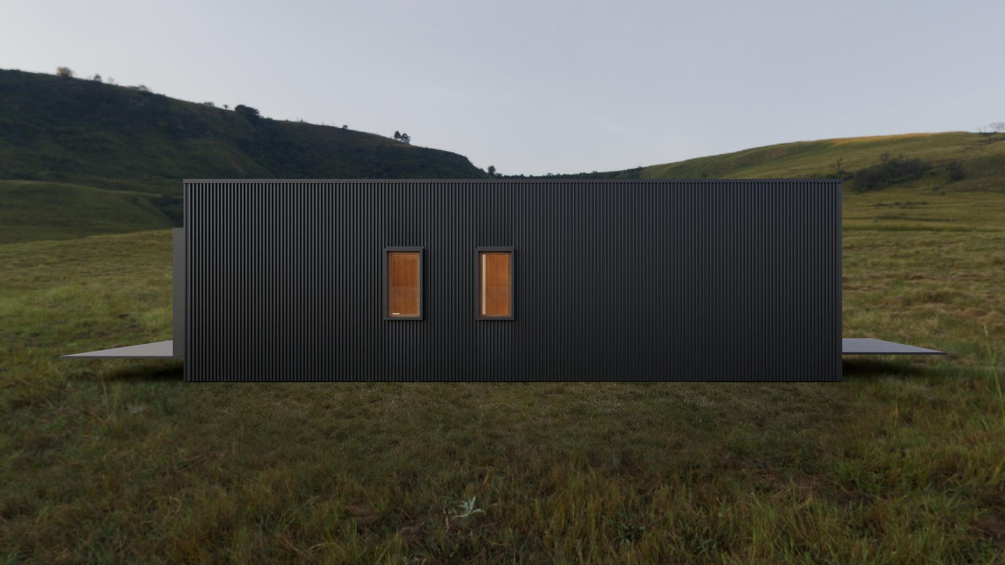 Render of the side of the nHouse module, clad in dark boards, in the hills