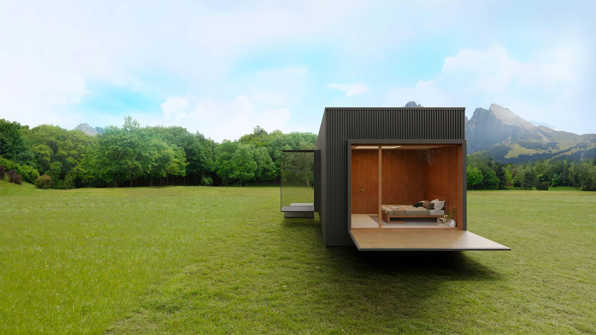 Render of the nHouse module in a meadow at the foot of the mountains, with the deck lowered