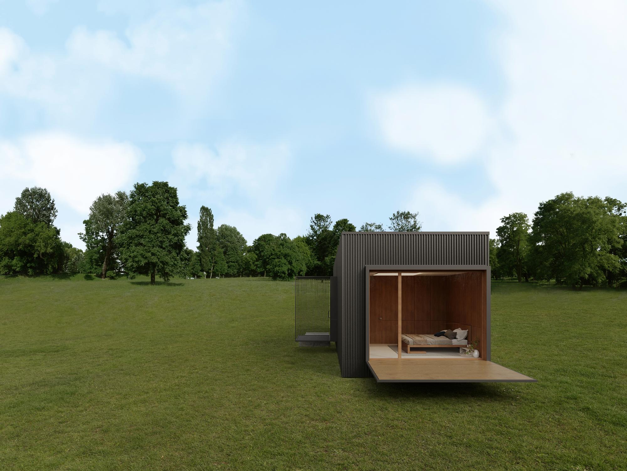 Render of the nHouse module in a meadow, with the bedroom visible through the glass and a cloudy sky
