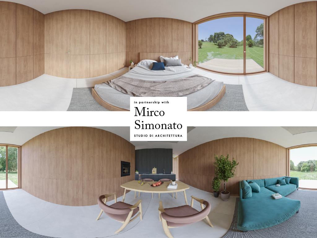 Two 360-degree renders of the nHouse bedroom and living room, signed by the Mirco Simonato architecture studio