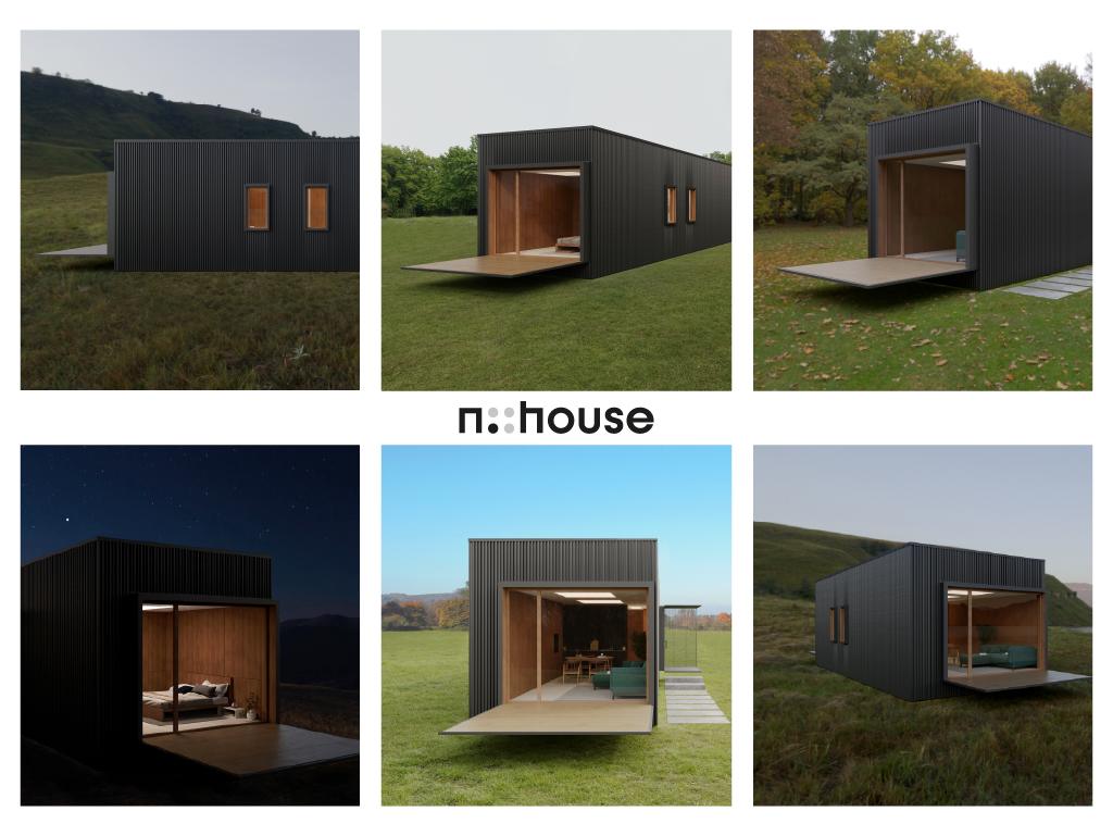 nHouse post: six renders of the module, by day and by night, with the logo in the centre