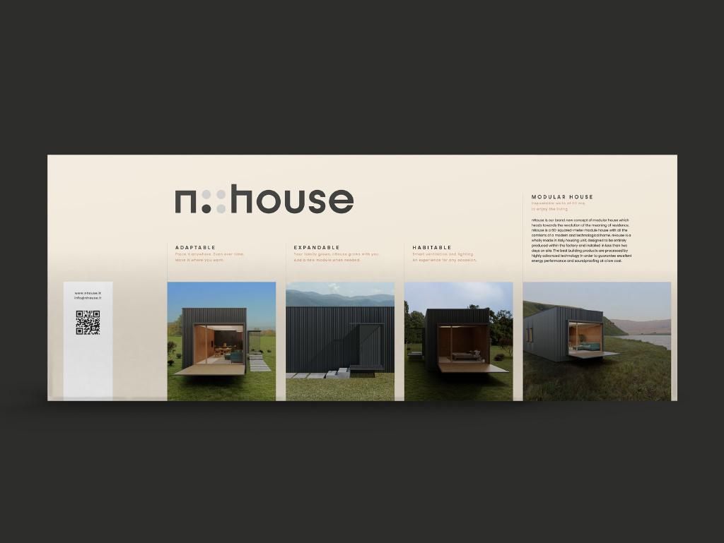 The nHouse graphic for an exhibition wall: the logo, the words adaptable, expandable, habitable and four renders of the module
