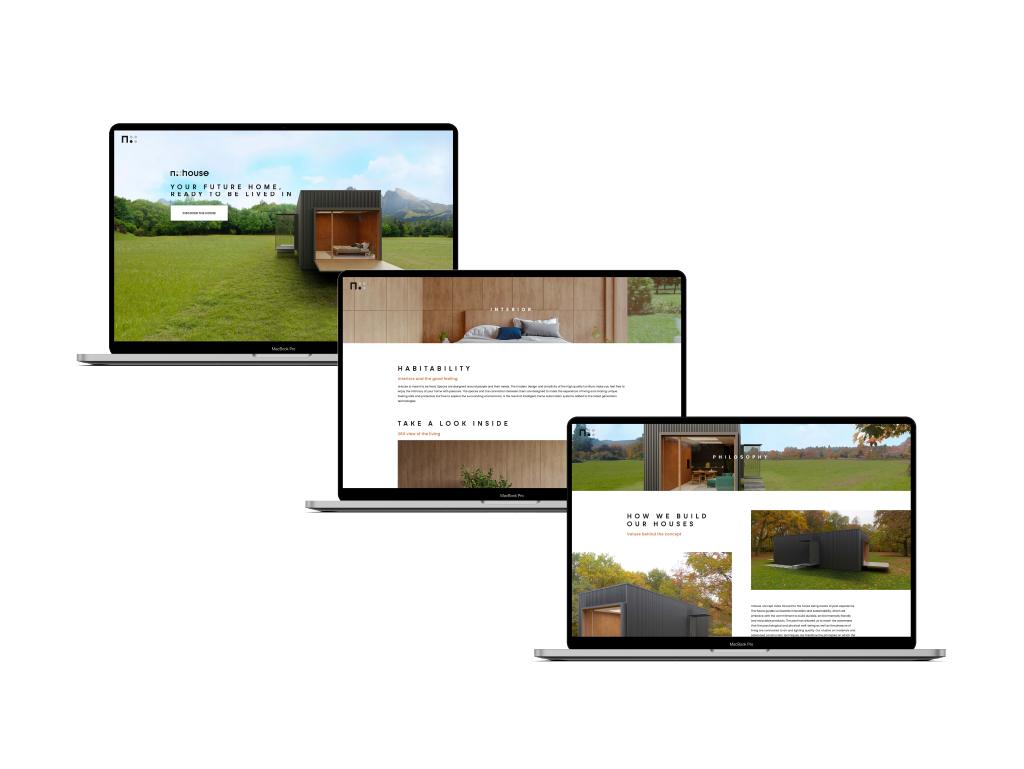 Three pages of the nHouse website on a laptop, one below the other