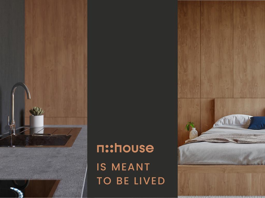 nHouse composition: the kitchen, the logo with the claim is meant to be lived, and the bedroom