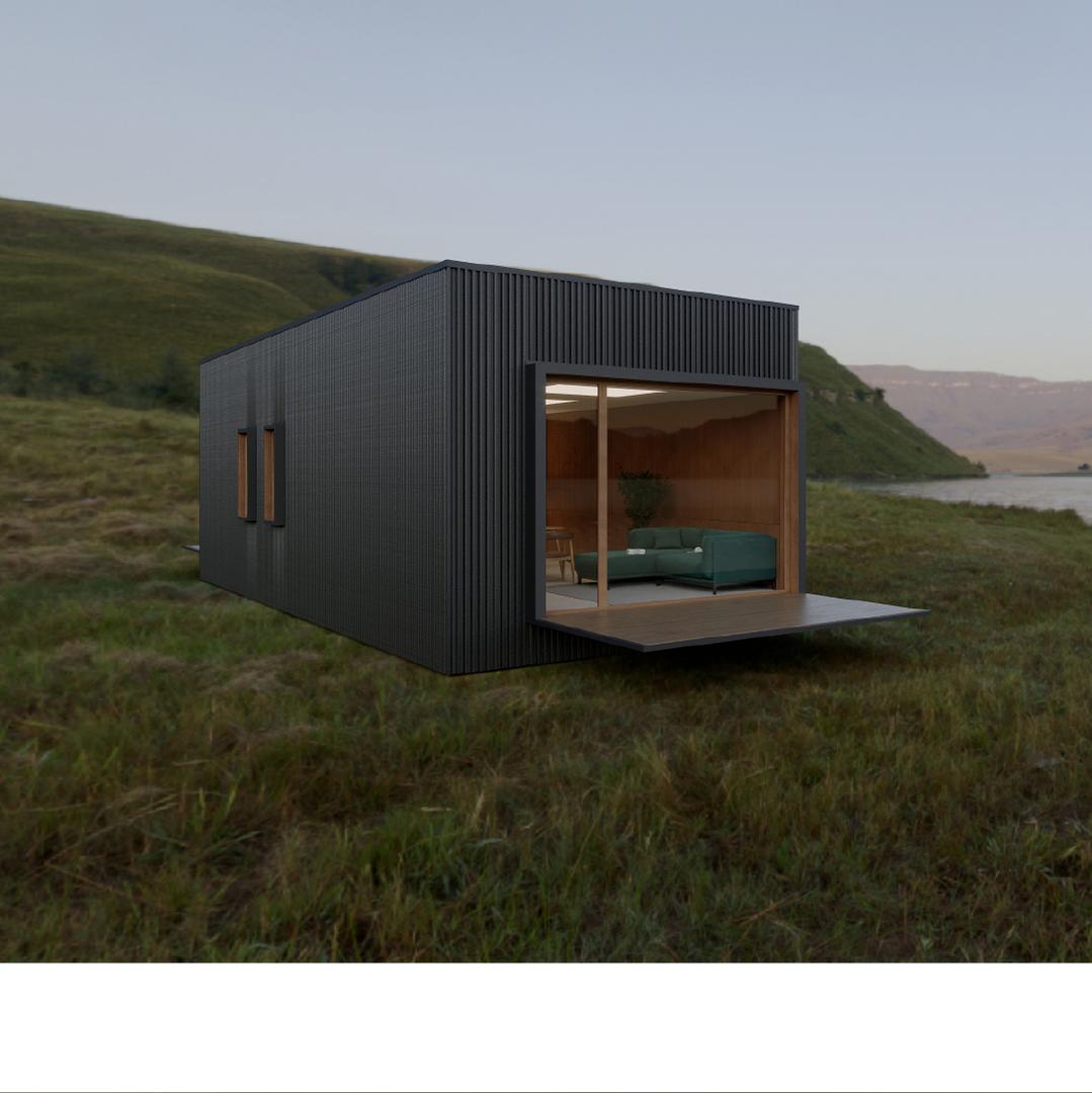 Render of the nHouse module overlooking a lake, with the living room visible through the glass wall