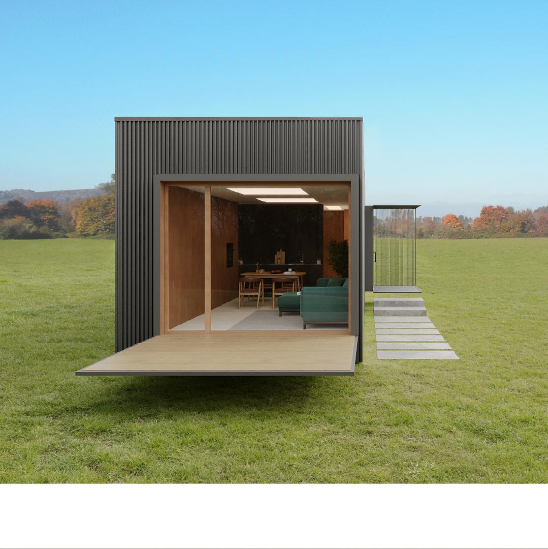 Render of the nHouse module opening onto a lawn, with the living room and the green sofa