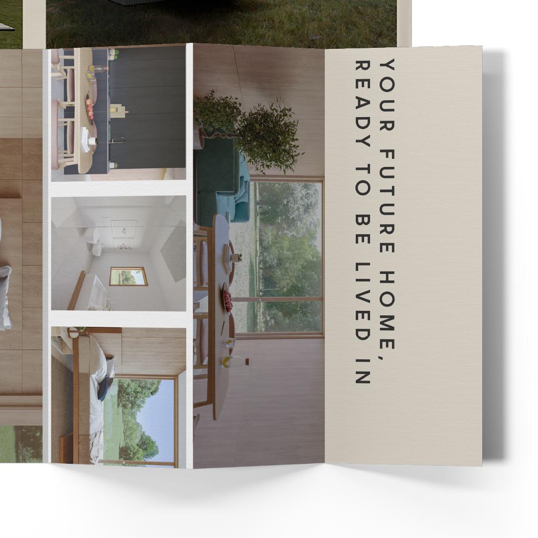 The folding nHouse brochure open, with the headline Your future home, ready to be lived in and the interior renders