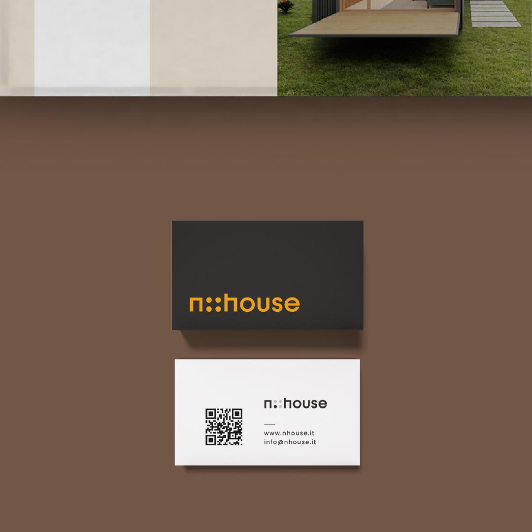 nHouse business cards: black front with the orange logo, white back with a QR code