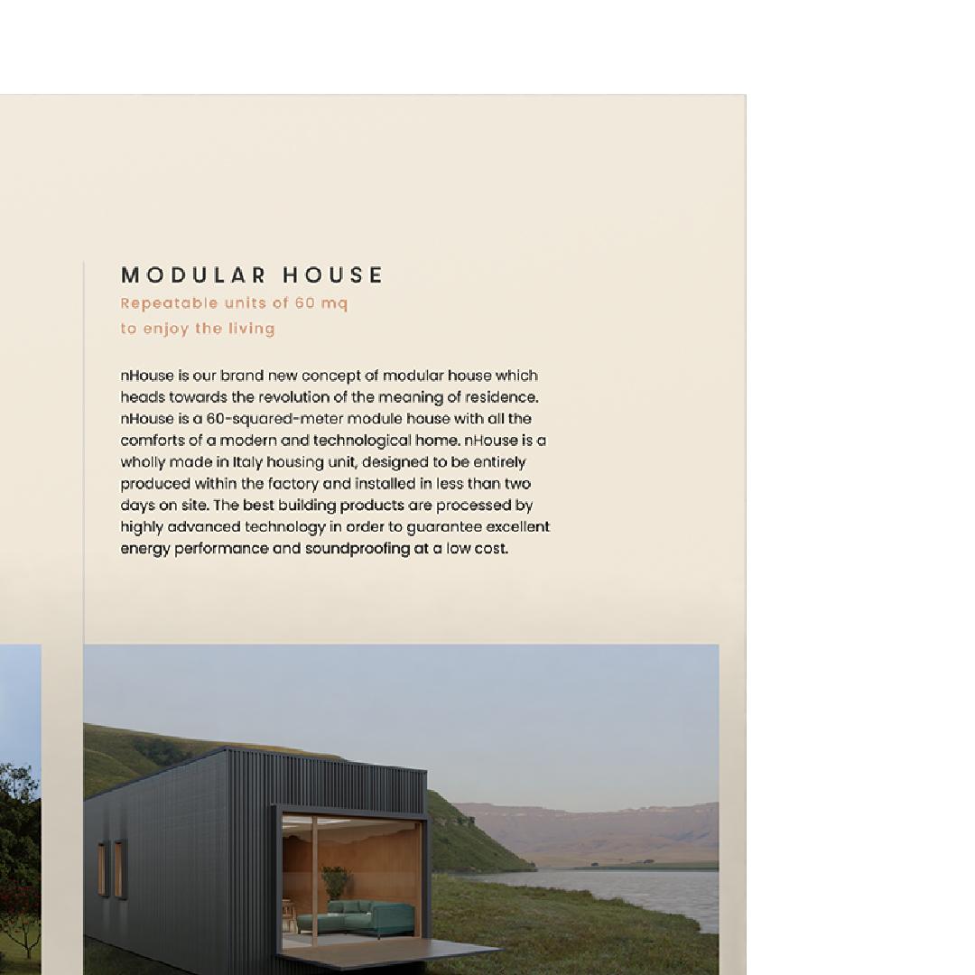 Detail of the nHouse graphics: the words Modular house and the module overlooking a lake